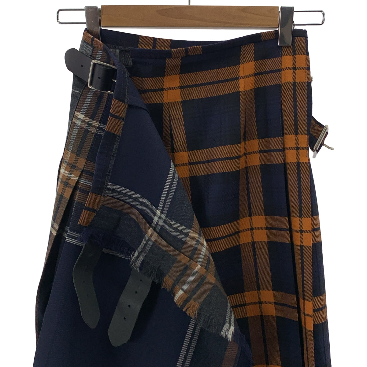 【美品】  O'NEIL OF DUBLIN / オニールオブダブリン | レザー切替 チェック キルト ラップスカート | 4 | ネイビー/オレンジ | レディース