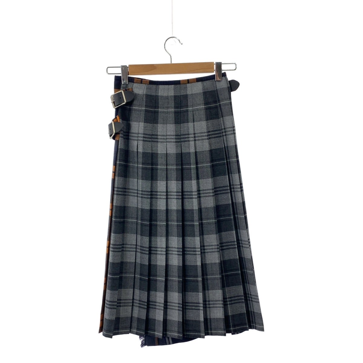 【美品】  O'NEIL OF DUBLIN / オニールオブダブリン | レザー切替 チェック キルト ラップスカート | 4 | ネイビー/オレンジ | レディース