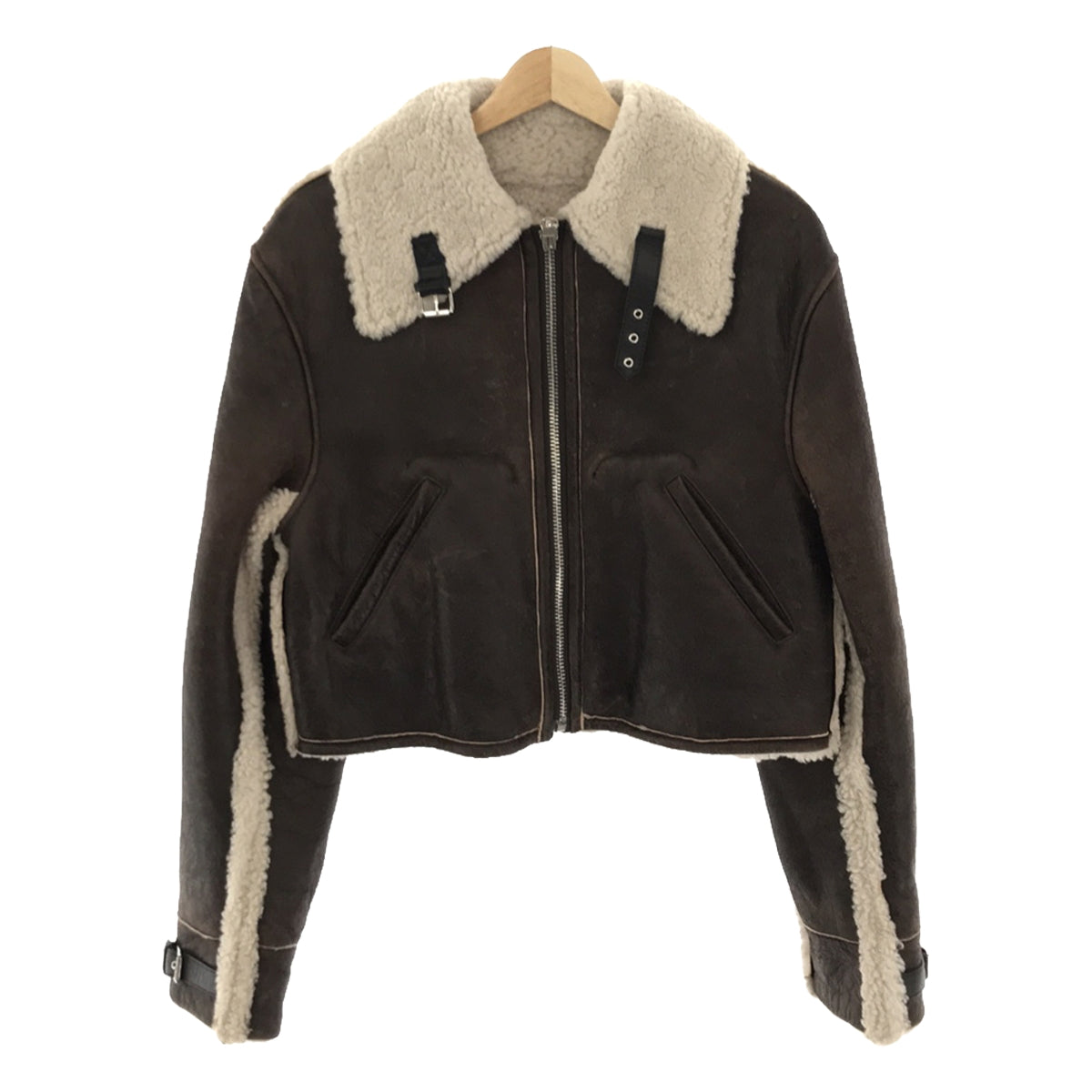 [New] MM6 Maison Margiela / MM6 Maison Margiela | 2021AW | Shearling Trim Leather Jacket | Crack Leather Shearling Zip Jacket | 38 | Brown | Women's