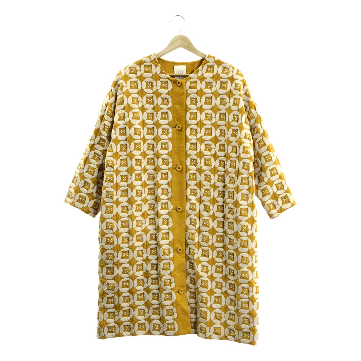 [狀況極佳] mina perhonen | dear | 刺繡無領大衣 | 全襯裡 | 38碼 | 芥末黃 | 女款