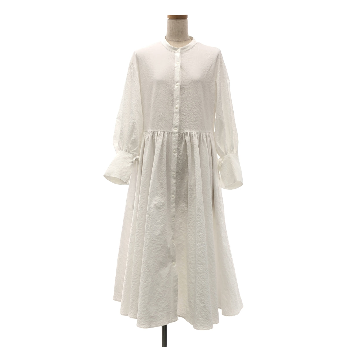 Re:poris | Band collar gathered shirt dress | S | White | Women's