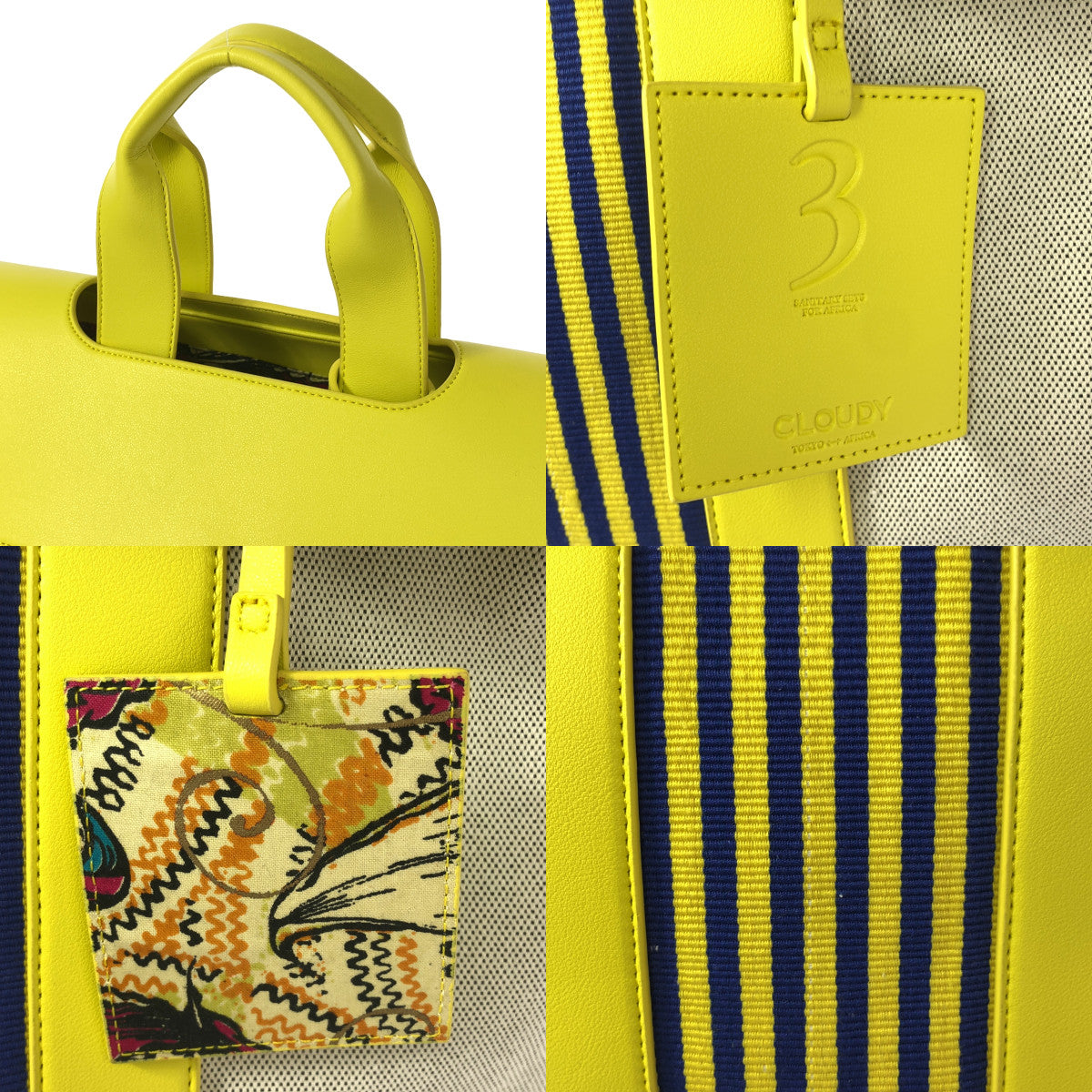 【美品】  CLOUDY / クラウディ | Two tone kente bag / レザー 切替 キャンバス トートバッグ | blue×yellow | レディース