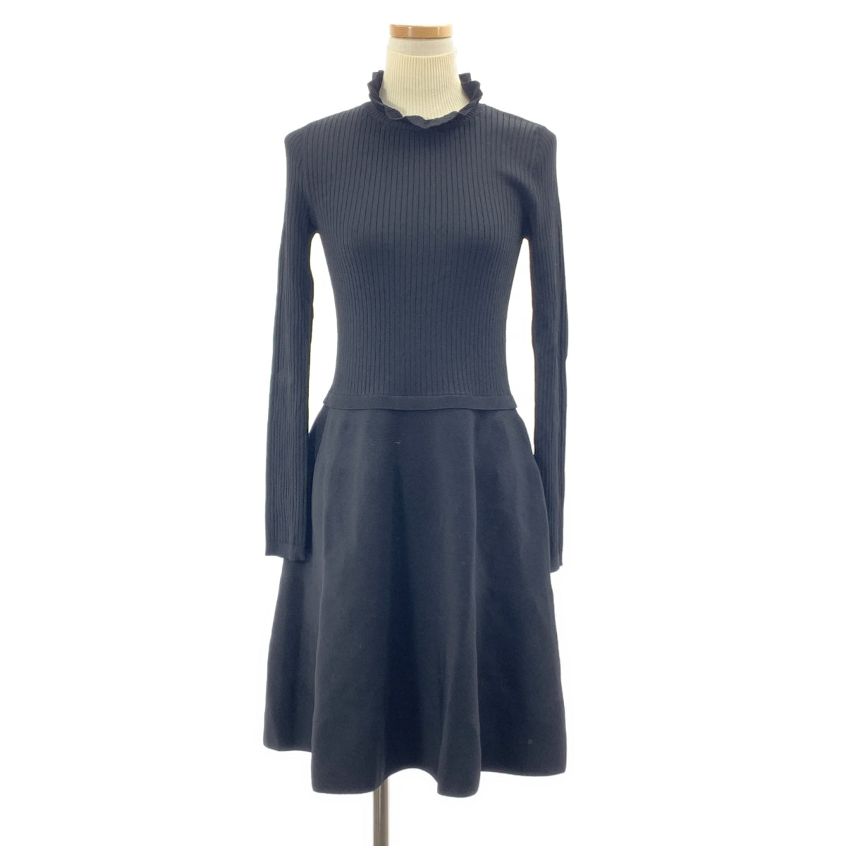 【美品】  RED VALENTINO / レッドヴァレンティノ | レイヤードカラー リブ ニット ワンピース | S | ブラック/ベージュ | レディース