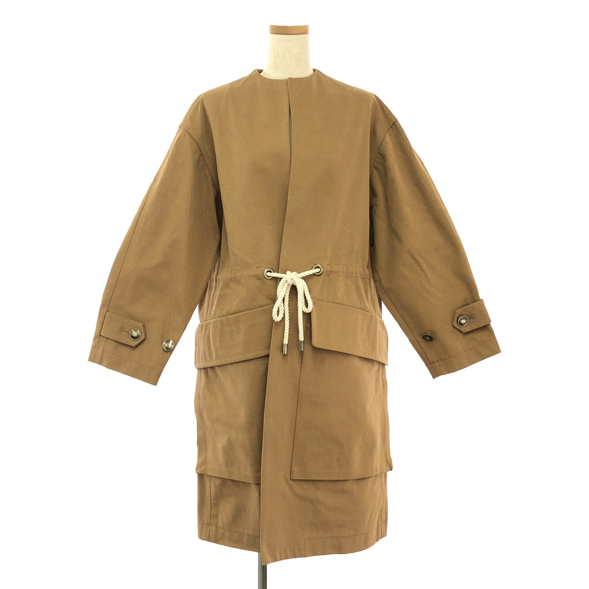 【美品】  Rito / リト | コンパクトツイル ジャージー ドローストリング ノーカラーコート | 36 | ブラウン | レディース