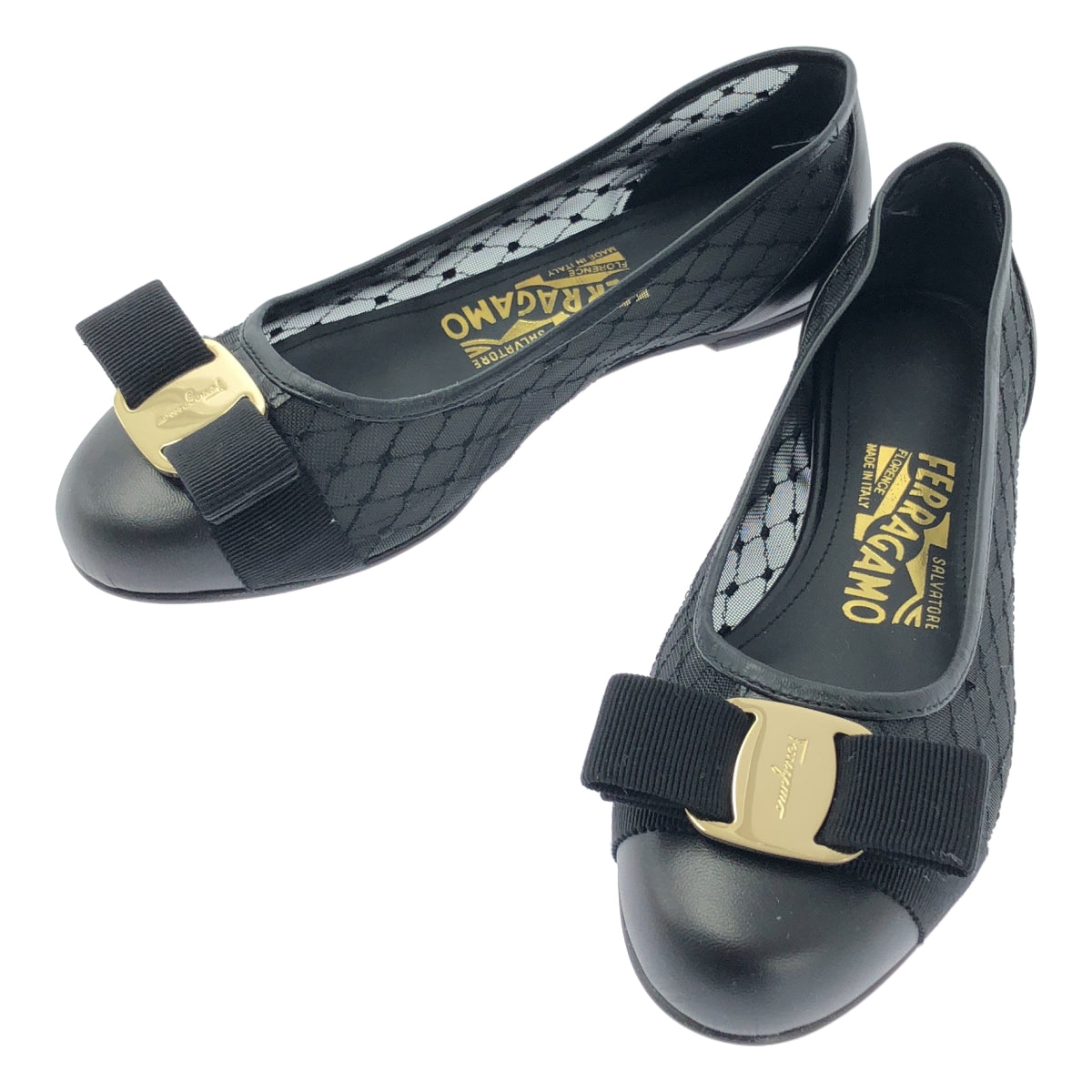 【美品】  FERRAGAMO / フェラガモ | VARINA / ロゴ リボン レース バレリーナシューズ | 4 | ブラック | レディース