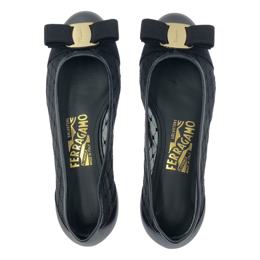 【美品】  FERRAGAMO / フェラガモ | VARINA / ロゴ リボン レース バレリーナシューズ | 4 | ブラック | レディース