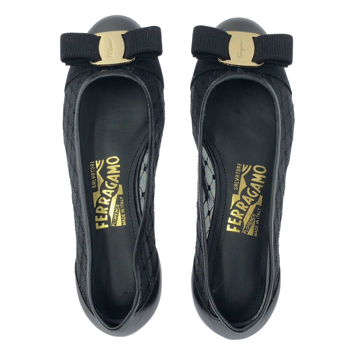 【美品】  FERRAGAMO / フェラガモ | VARINA / ロゴ リボン レース バレリーナシューズ | 4 | ブラック | レディース