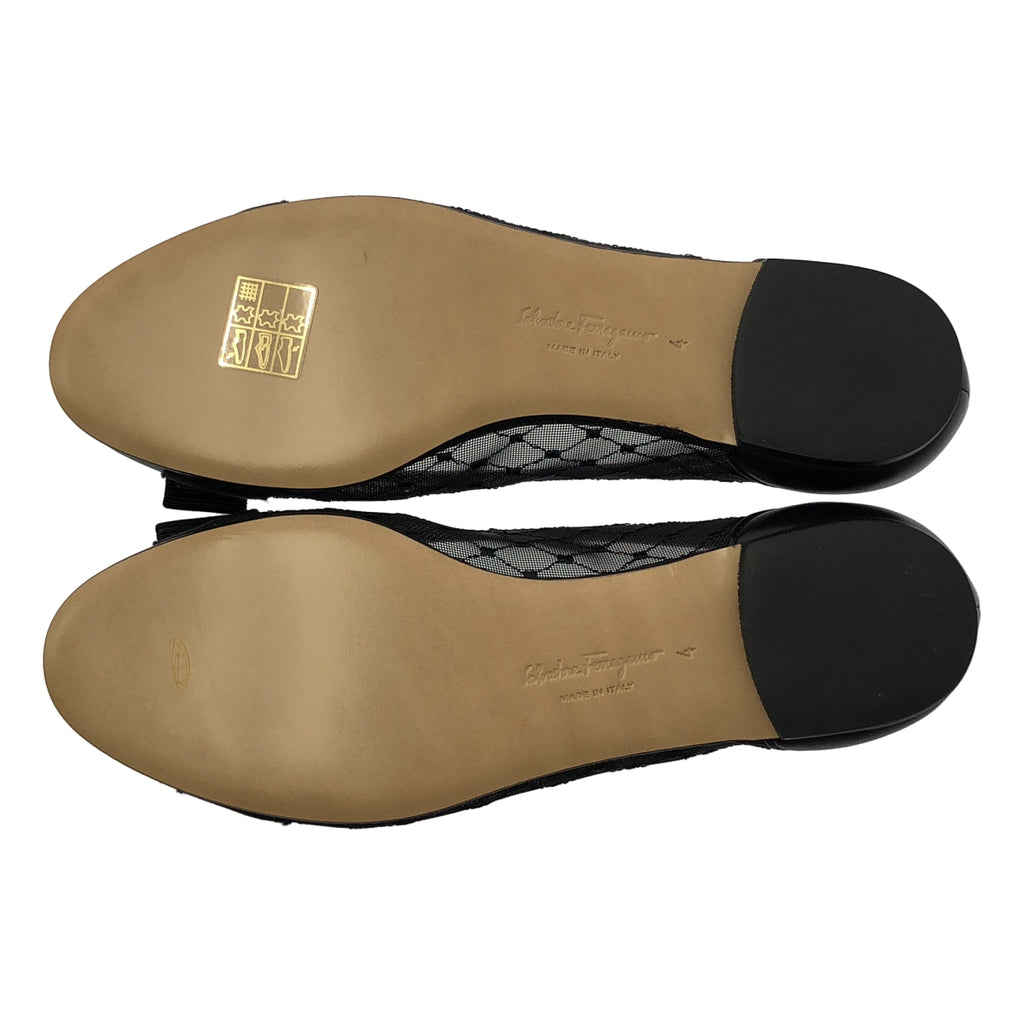 【美品】  FERRAGAMO / フェラガモ | VARINA / ロゴ リボン レース バレリーナシューズ | 4 | ブラック | レディース