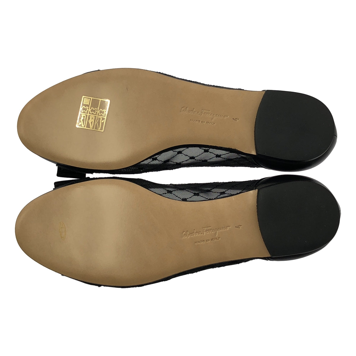 【美品】  FERRAGAMO / フェラガモ | VARINA / ロゴ リボン レース バレリーナシューズ | 4 | ブラック | レディース