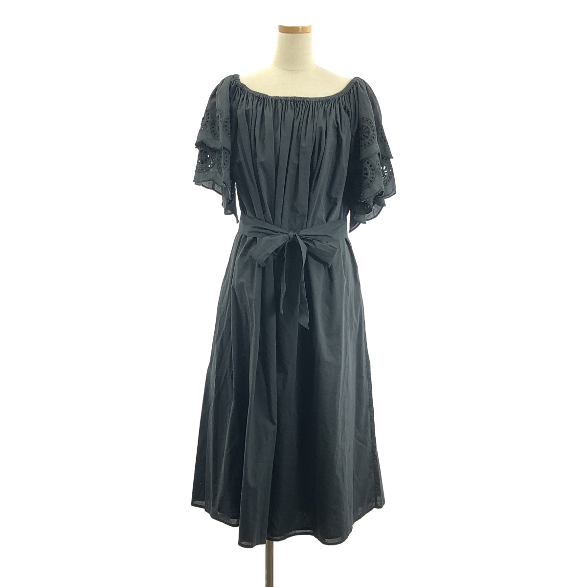 MERLETTE | 扇貝袖棉質洋裝（附緞帶）| XS碼 | 黑色 | 女款