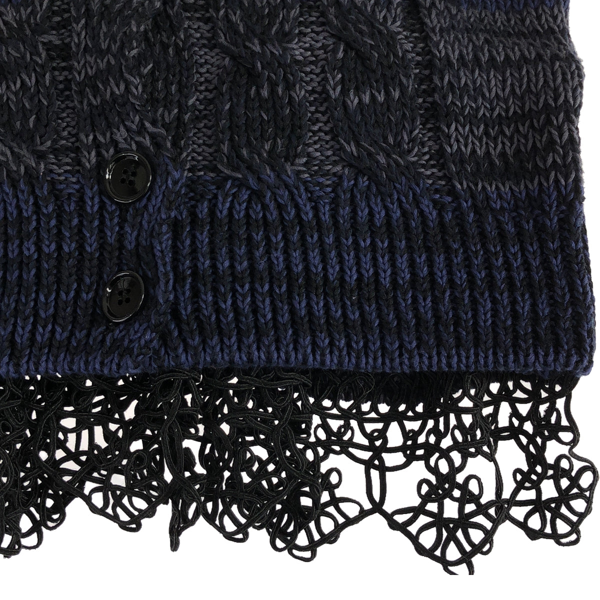 PRADA | Cotton Lace Embellished Cable Knit Cardigan | Size 38 | Navy/Black | Women's