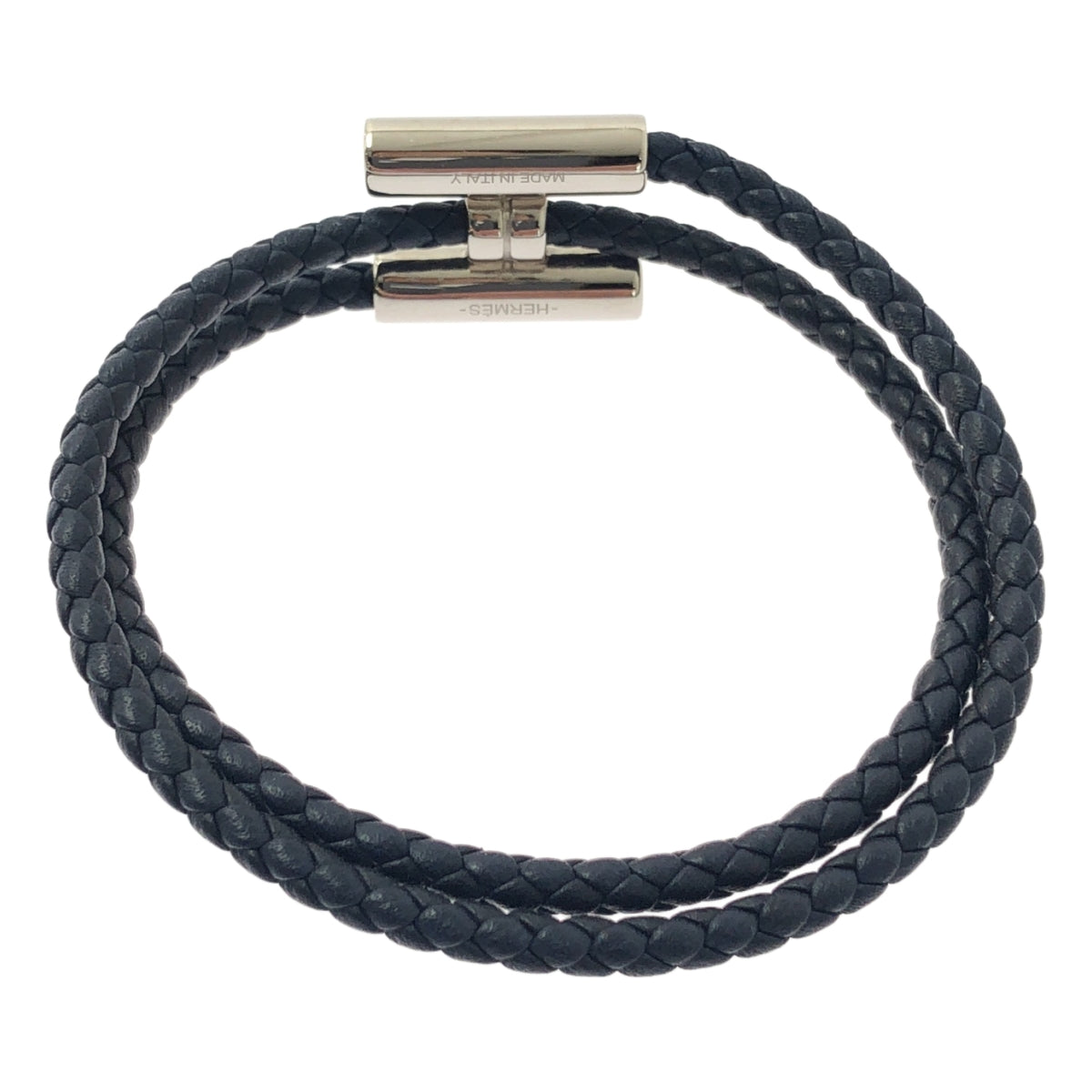【미품】 HERMES / 헤르메스 | TOURNIS TRESSE 투르니 트레세 가죽 팔찌 | 실버 / 네이비 | 여성
