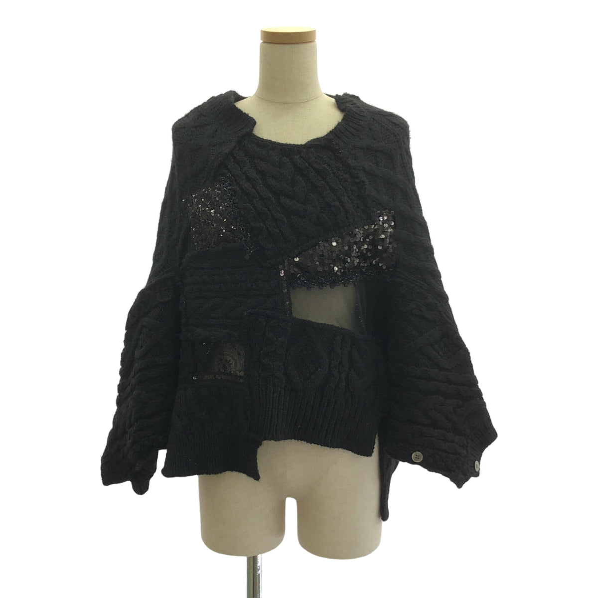【美品】  JUNYA WATANABE COMME des GARCONS / ジュンヤワタナベ | 2014AW | ウール ビジュー 装飾 変形 レース切替 パッチワーク ケーブル ニット | S | ブラック | レディース