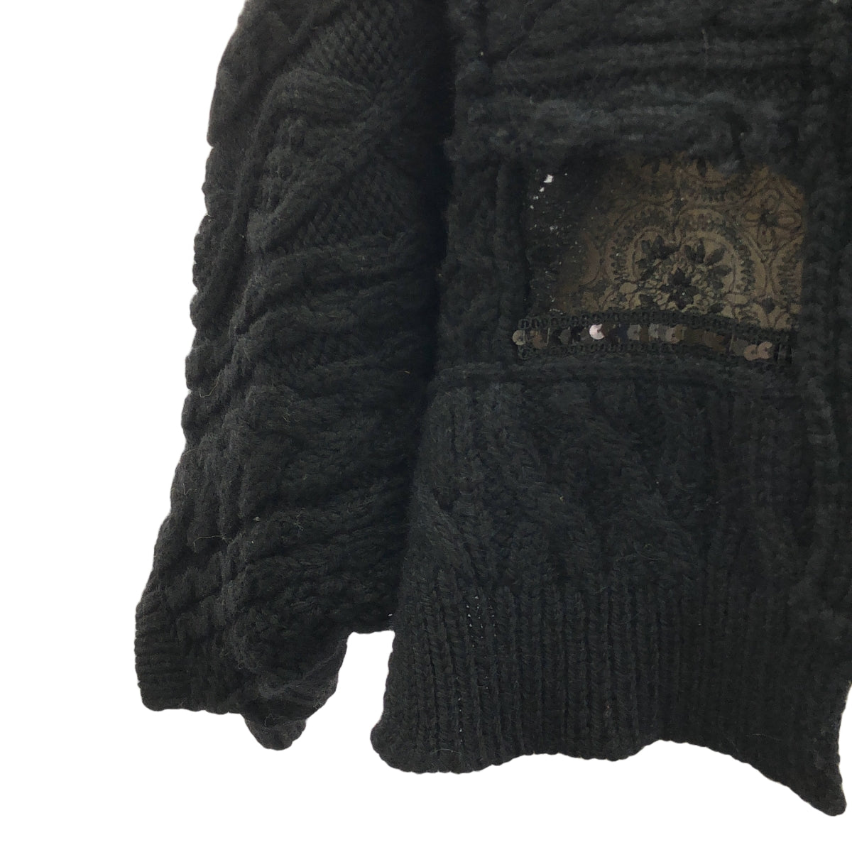 【美品】  JUNYA WATANABE COMME des GARCONS / ジュンヤワタナベ | 2014AW | ウール ビジュー 装飾 変形 レース切替 パッチワーク ケーブル ニット | S | ブラック | レディース