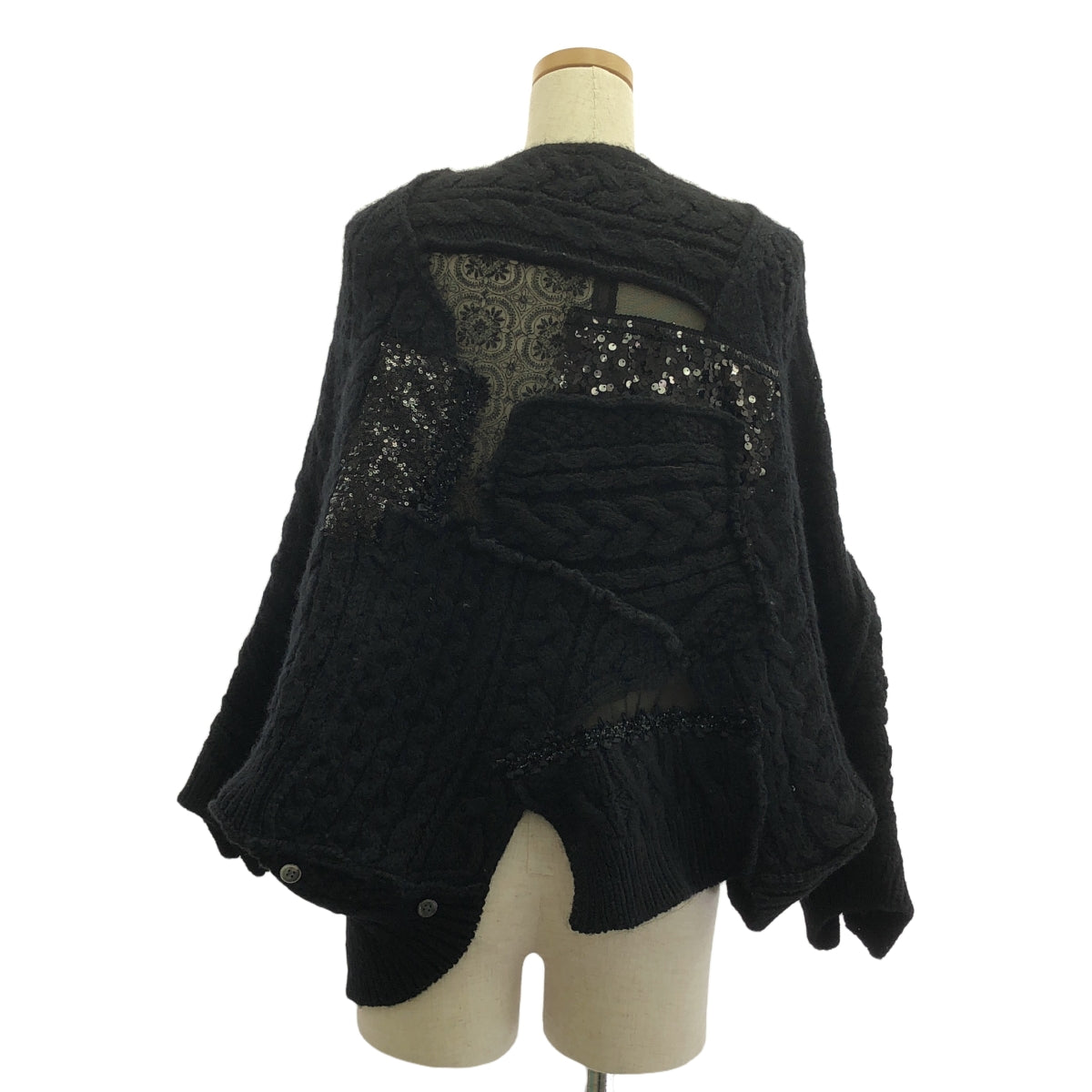 【美品】  JUNYA WATANABE COMME des GARCONS / ジュンヤワタナベ | 2014AW | ウール ビジュー 装飾 変形 レース切替 パッチワーク ケーブル ニット | S | ブラック | レディース