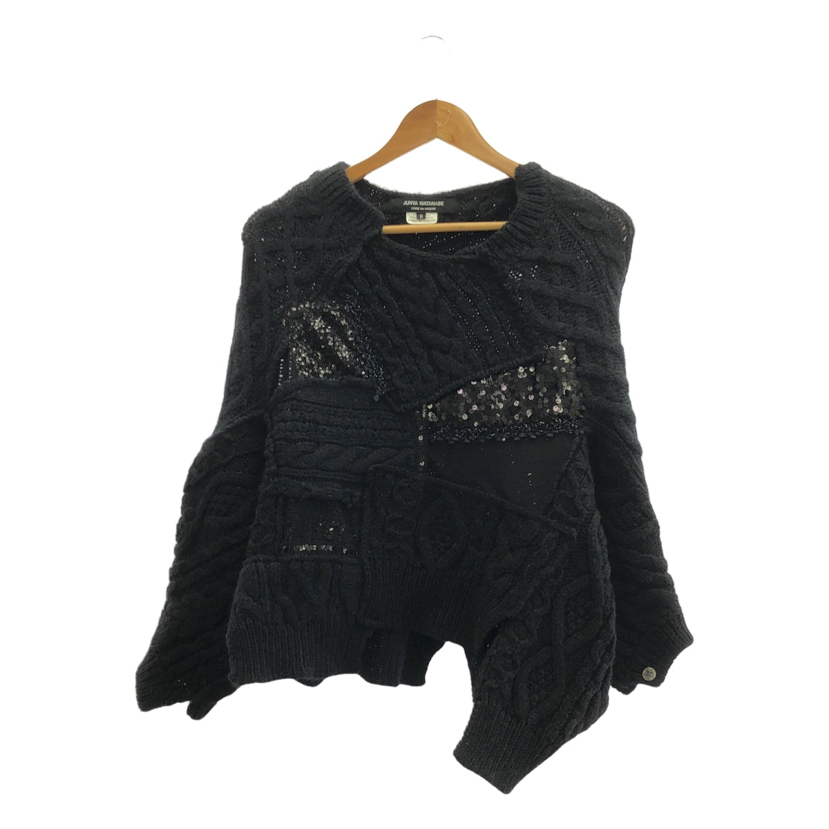 【美品】  JUNYA WATANABE COMME des GARCONS / ジュンヤワタナベ | 2014AW | ウール ビジュー 装飾 変形 レース切替 パッチワーク ケーブル ニット | S | ブラック | レディース