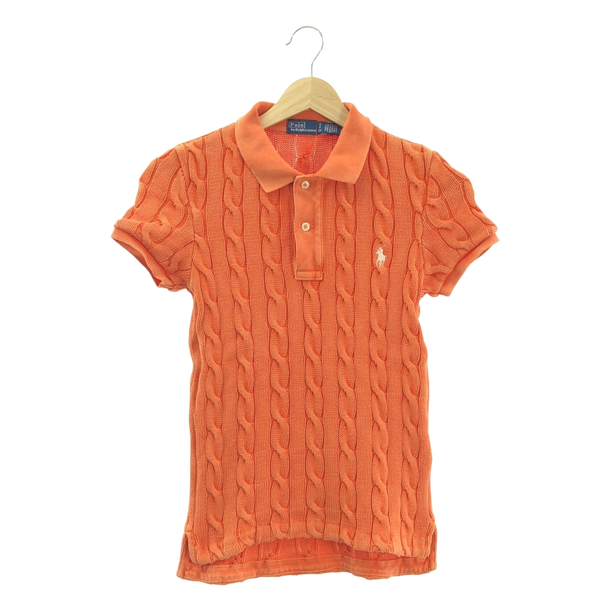 【美品】  POLO BY RALPH LAUREN / ポロバイラルフローレン | ウォッシュド加工 コットン ケーブルニット ポロシャツ | S | オレンジ | レディース