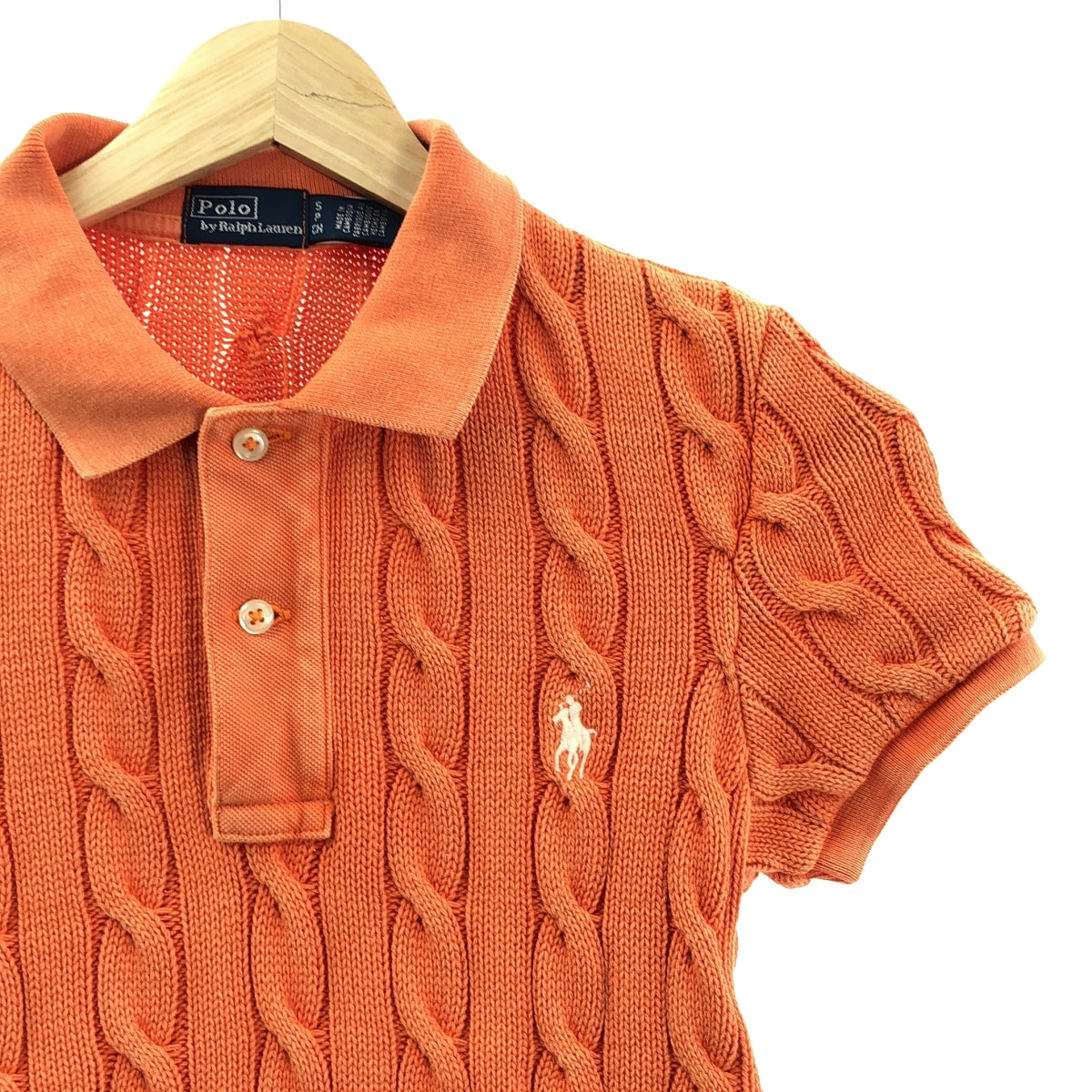 【美品】  POLO BY RALPH LAUREN / ポロバイラルフローレン | ウォッシュド加工 コットン ケーブルニット ポロシャツ | S | オレンジ | レディース