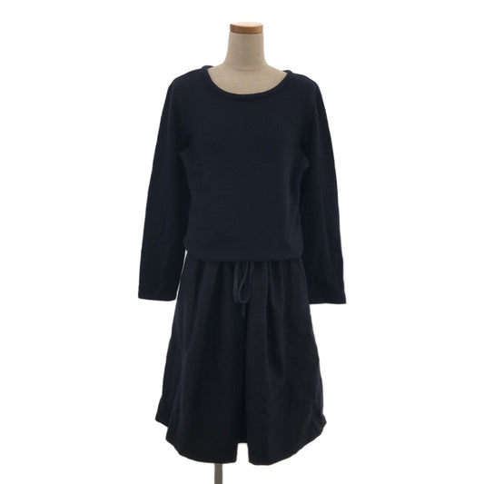 Whim Gazette | Mixed material switching tuck knit dress | F | Navy | Women's