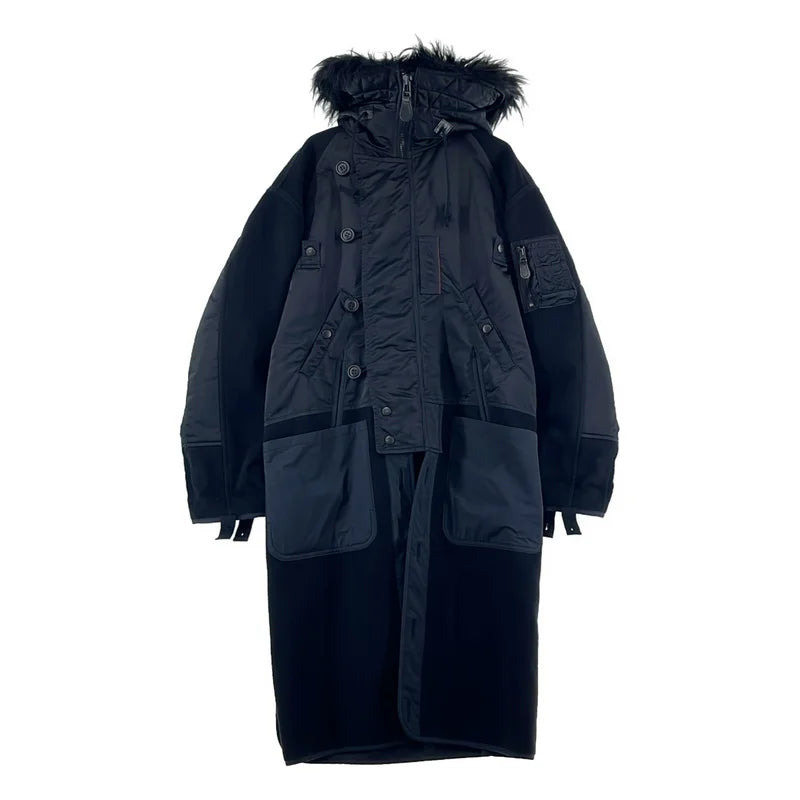 JUNYA WATANABE COMME des GARCONS / ジュンヤワタナベ | 2022AW | ウール 異素材 切替 ドッキング ミリタリー モッズコート ファーフーディ | XS | レディース