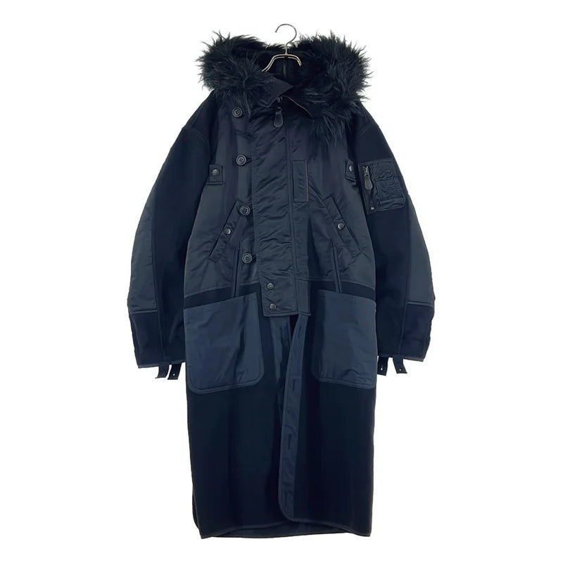 JUNYA WATANABE COMME des GARCONS / ジュンヤワタナベ | 2022AW | ウール 異素材 切替 ドッキング ミリタリー モッズコート ファーフーディ | XS | レディース