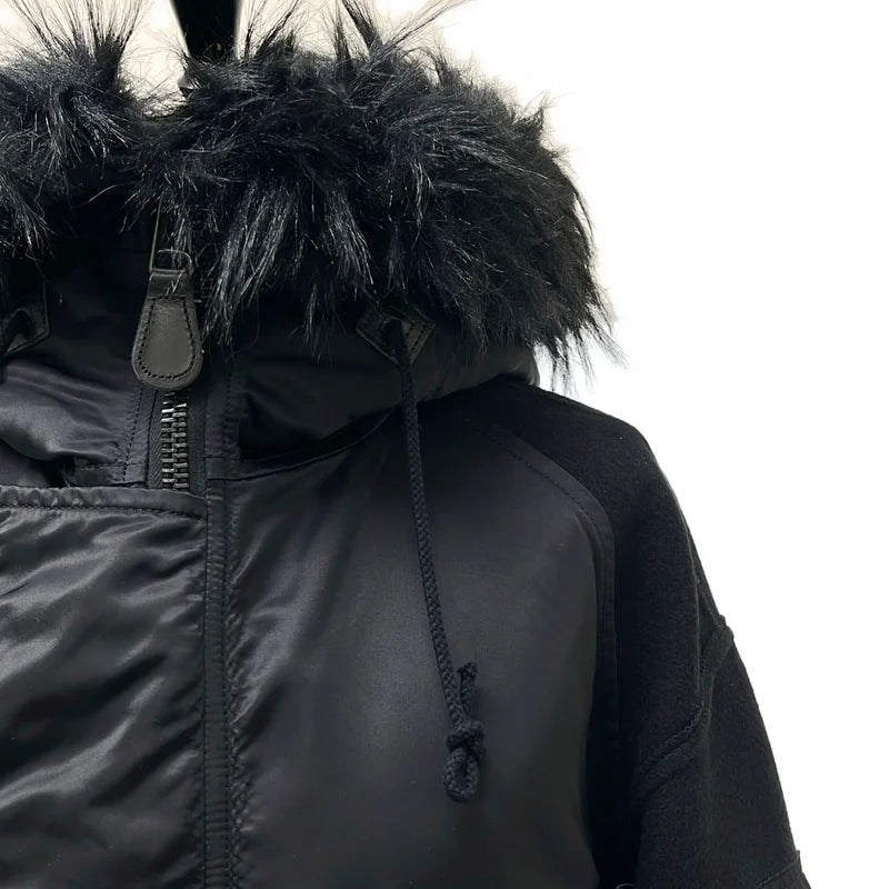 JUNYA WATANABE COMME des GARCONS / ジュンヤワタナベ | 2022AW | ウール 異素材 切替 ドッキング ミリタリー モッズコート ファーフーディ | XS | レディース