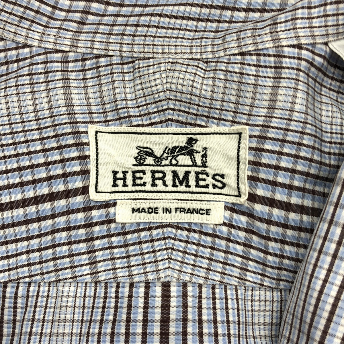 HERMES / 헤르메스 | 코튼 체크 버튼 다운 셔츠 | 39 15 1/2 | 브라운 / 블루 / 화이트 | 남성