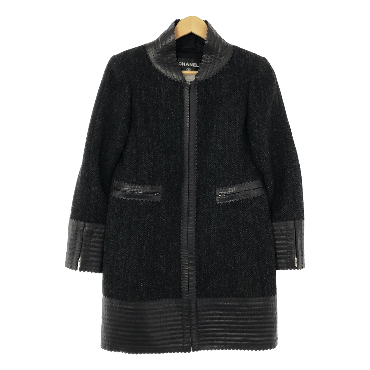 [Good Condition] CHANEL | Wool Herringbone Tweed Lambskin Trimmed Silk Lining Zip-Up Coat | Size 36 | Grey | Women's