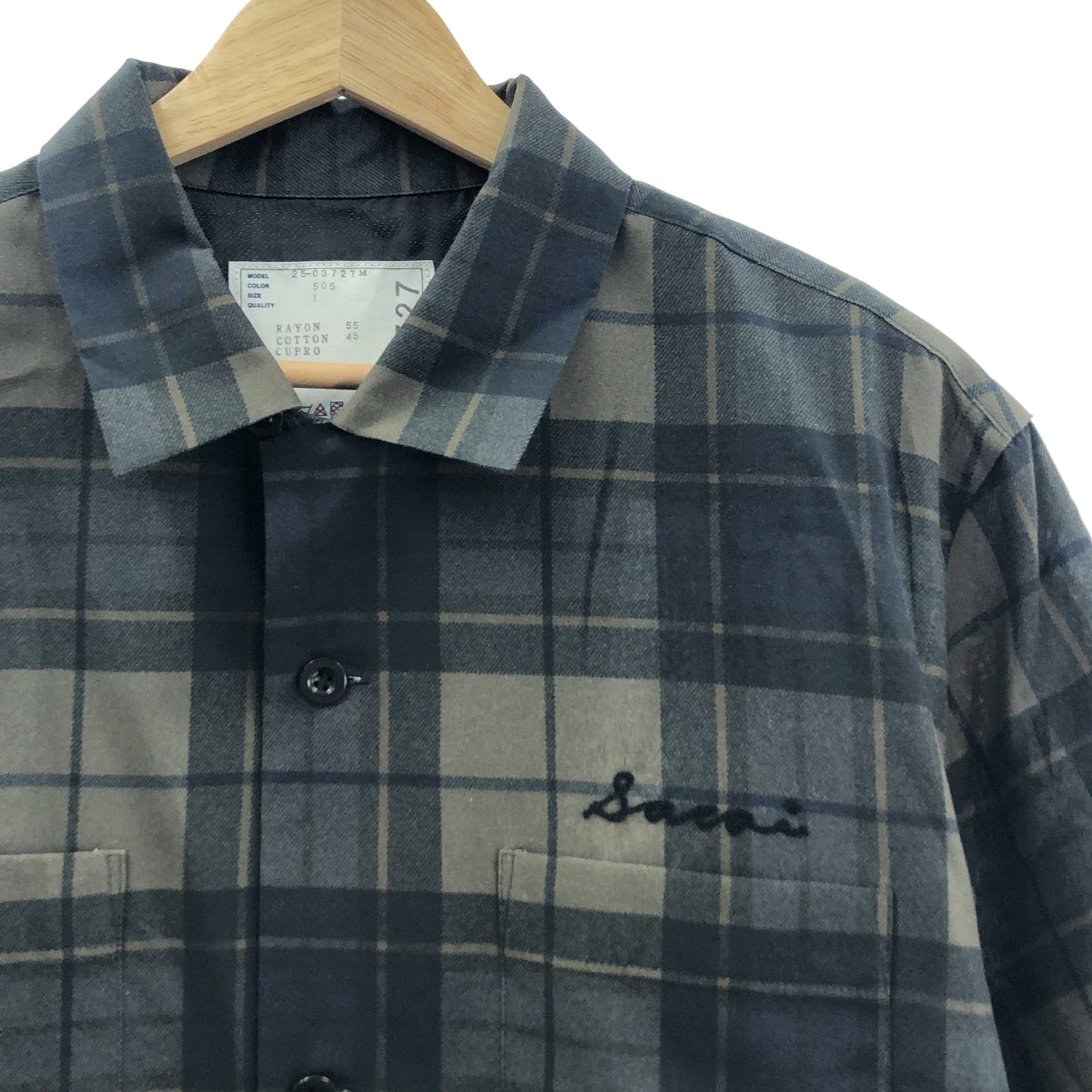 [新品] sacai | 2025SS | 格紋印花襯衫，開領，格紋印花，短袖 | 尺寸 1 | 卡其色/海軍藍 | 男士