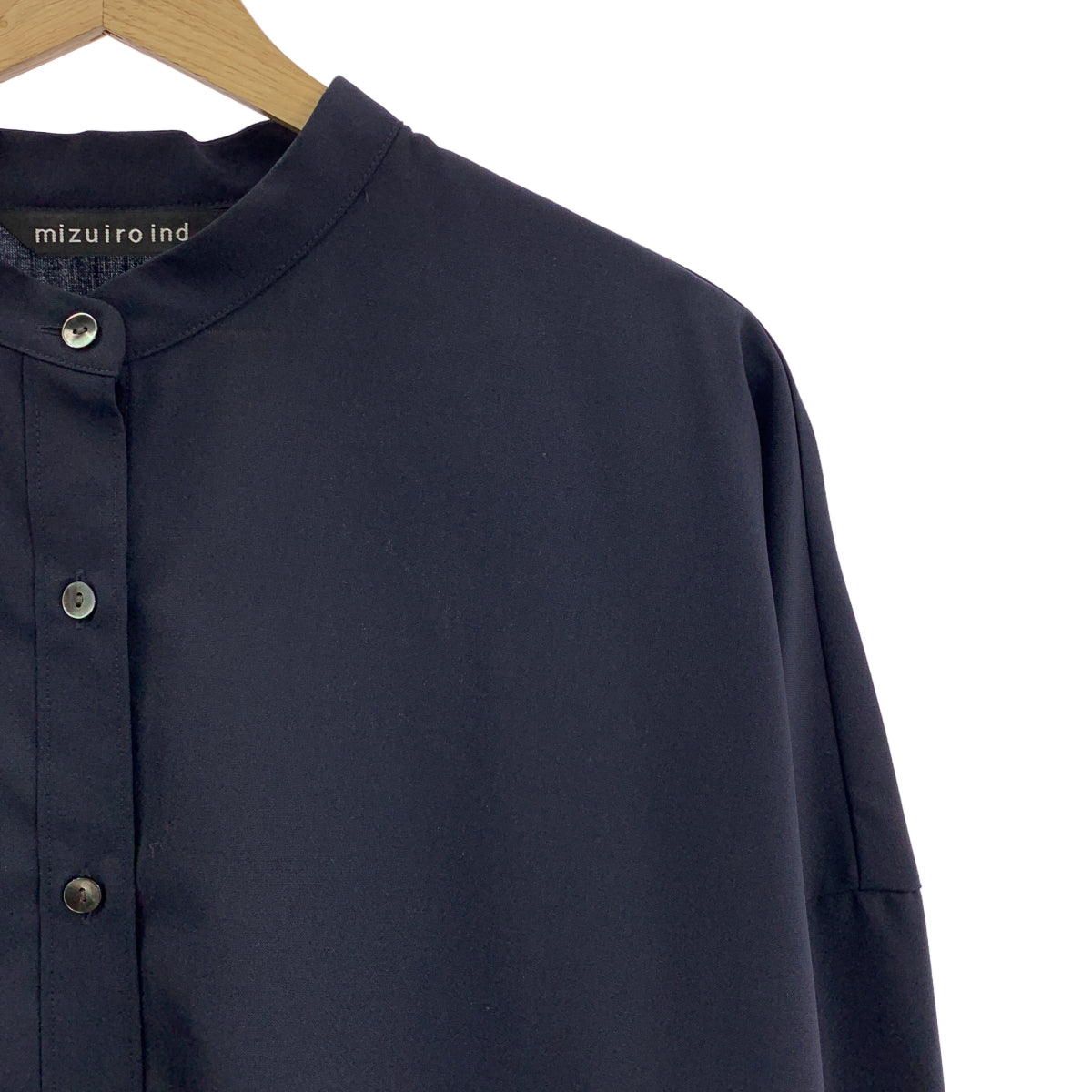 【美品】  mizuiroind / ミズイロインド | オーバーシルエット バンドカラー ロングシャツ | F | ダークネイビー | レディース