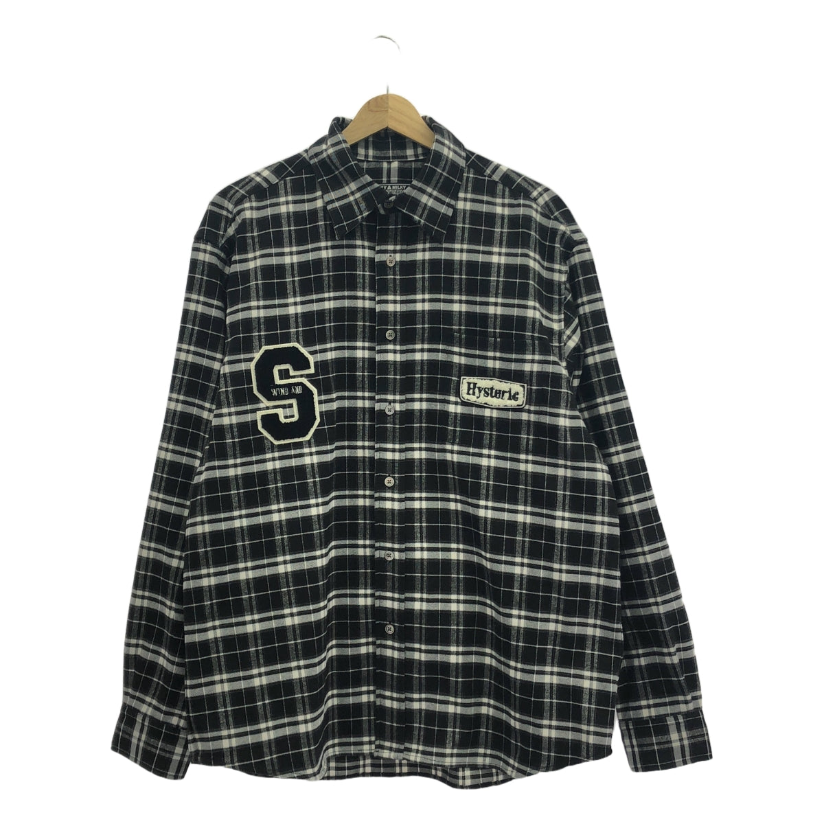 [品相良好] 風與海 / 風與海 | × HYSTERIC GLAMOUR / Hysteric Glamour 格紋貼布外套襯衫 |加大尺碼 |黑/白 |男士