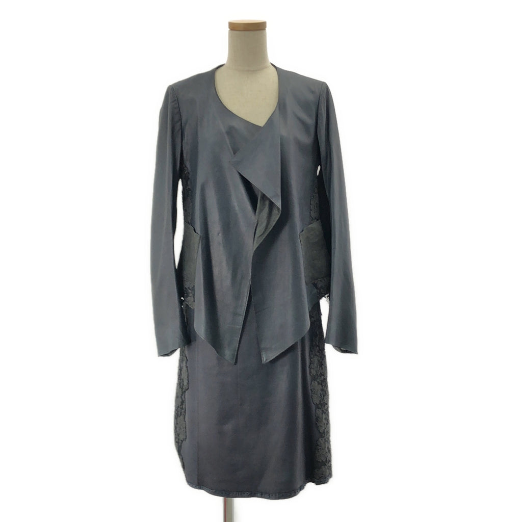 NIGEL PRESTON & KNIGHT / ナイジェルプレストンアンドナイト | セットアップ レザー 異素材 切替 レース装飾 ノーカラー ジャケット / サイドジップ スカート 総裏地 | M | レディース