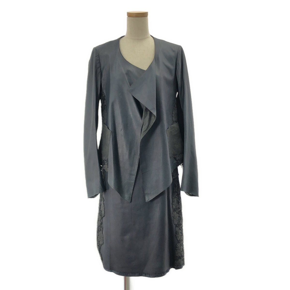 NIGEL PRESTON & KNIGHT / ナイジェルプレストンアンドナイト | セットアップ レザー 異素材 切替 レース装飾 ノーカラー ジャケット / サイドジップ スカート 総裏地 | M | レディース