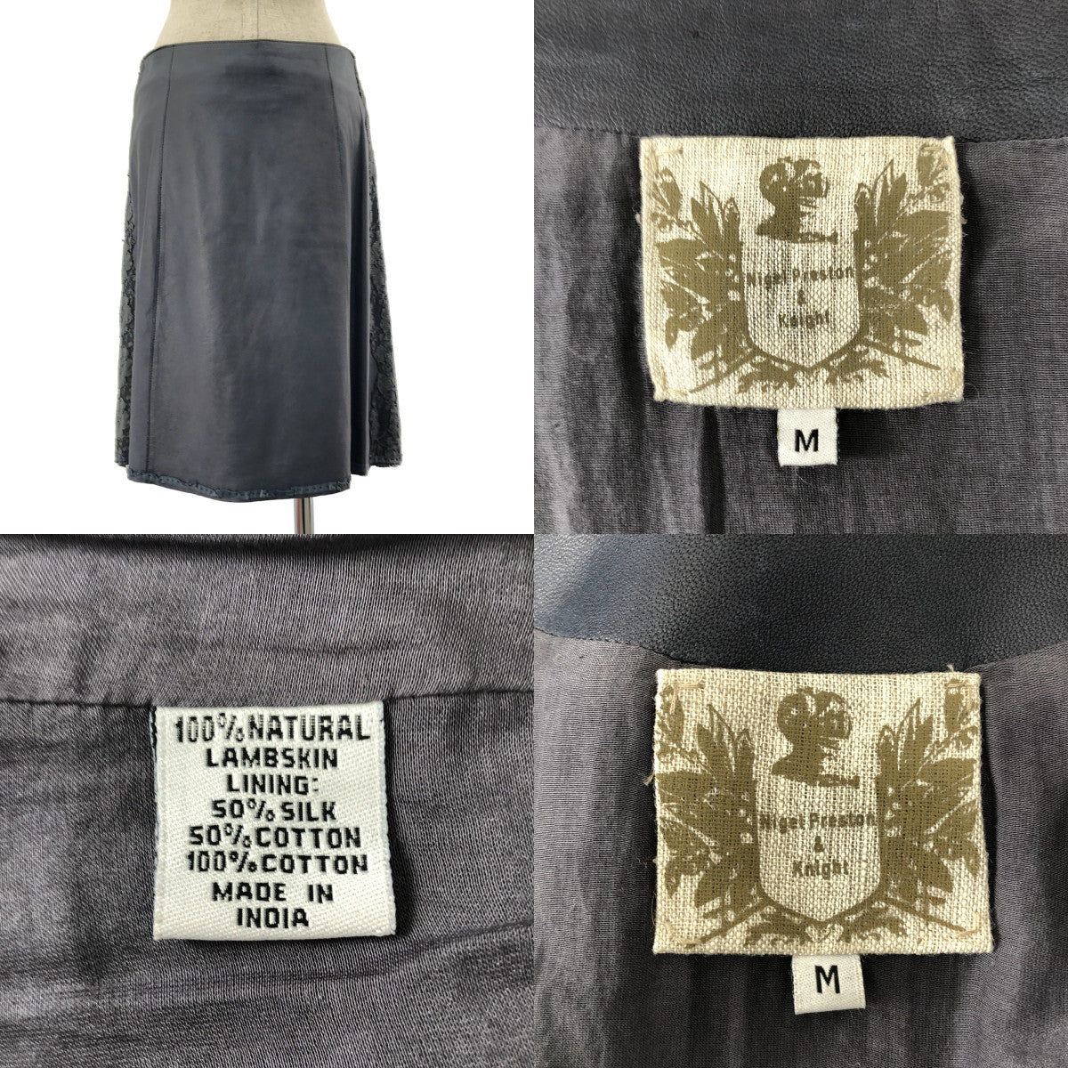 NIGEL PRESTON & KNIGHT / ナイジェルプレストンアンドナイト | セットアップ レザー 異素材 切替 レース装飾 ノーカラー ジャケット / サイドジップ スカート 総裏地 | M | レディース