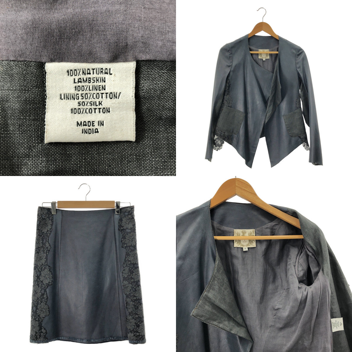 NIGEL PRESTON & KNIGHT / ナイジェルプレストンアンドナイト | セットアップ レザー 異素材 切替 レース装飾 ノーカラー ジャケット / サイドジップ スカート 総裏地 | M | レディース