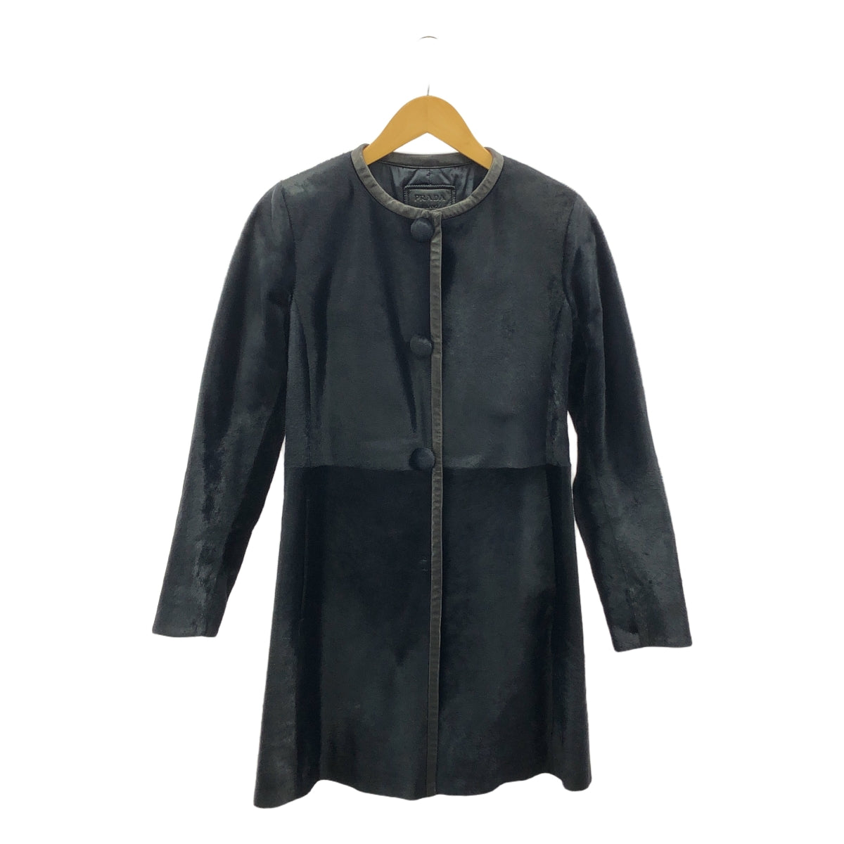 [品相良好] PRADA | 皮革邊飾皮草無領長外套 / 全襯裡 | 尺寸 40 | 深海軍藍/黑色 | 女款