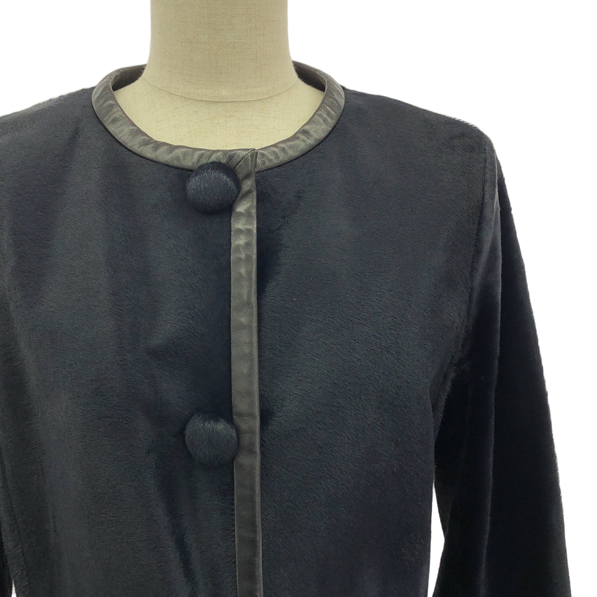 【미품】 PRADA / 프라다 | 가죽 전환 퍼 노 컬러 롱 코트 / 총 안감 | 40 | 다크 네이비/블랙 | 여성