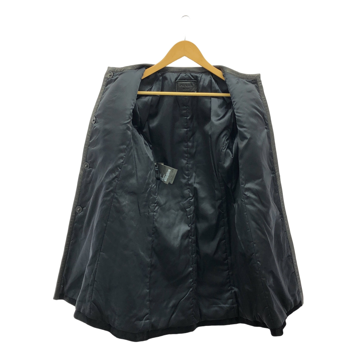 [品相良好] PRADA | 皮革邊飾皮草無領長外套 / 全襯裡 | 尺寸 40 | 深海軍藍/黑色 | 女款