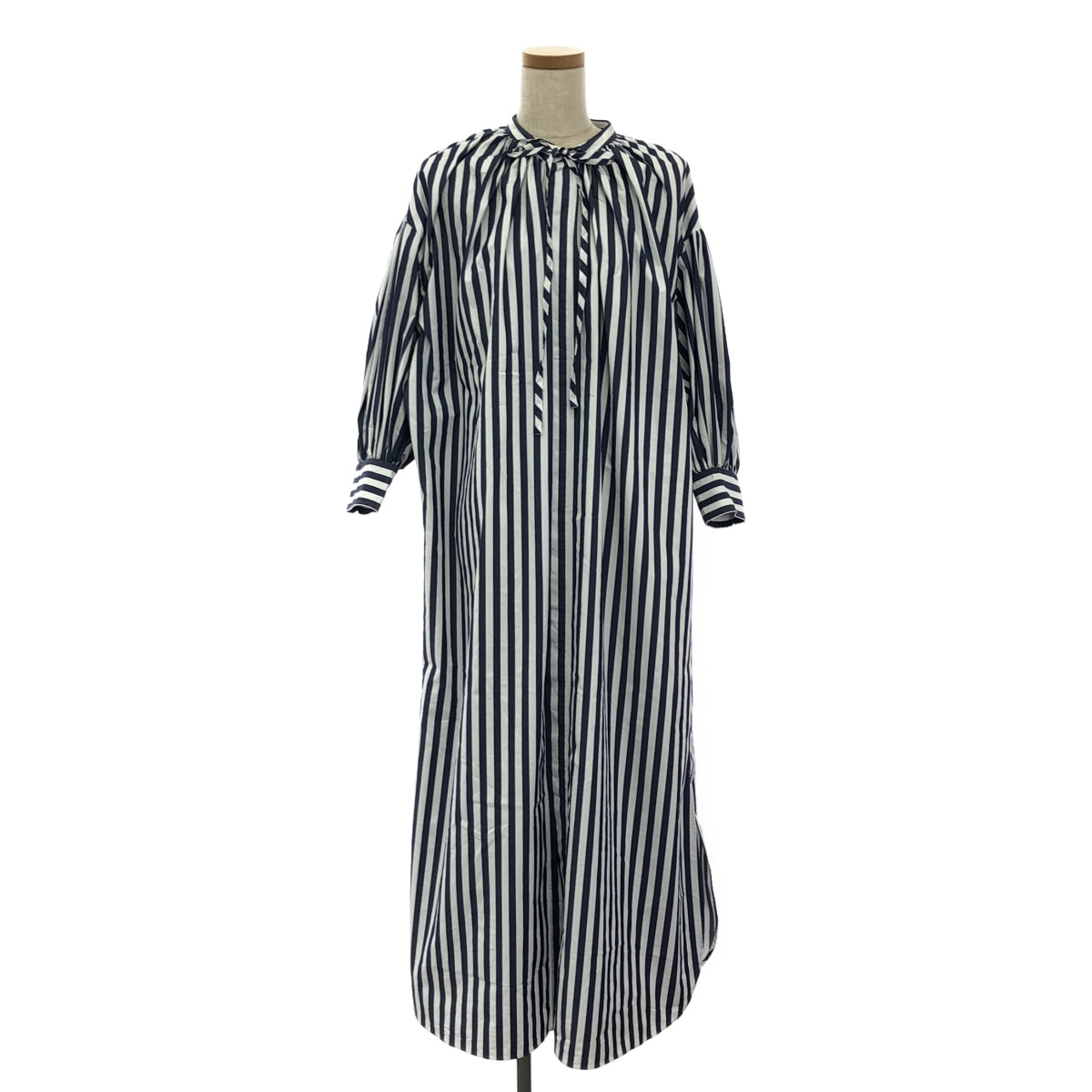 HYKE / ハイク | 2022SS | T/C STRIPED GATHERED DRESS ストライプ シャツ ワンピース | 1 | ホワイト/ネイビー | レディース