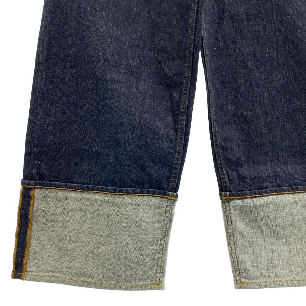 【成色極佳】EMPORIO ARMANI | 深海軍藍皮革標誌貼片牛仔捲邊寬褲 | 尺寸 27 | 靛藍色 | 女款