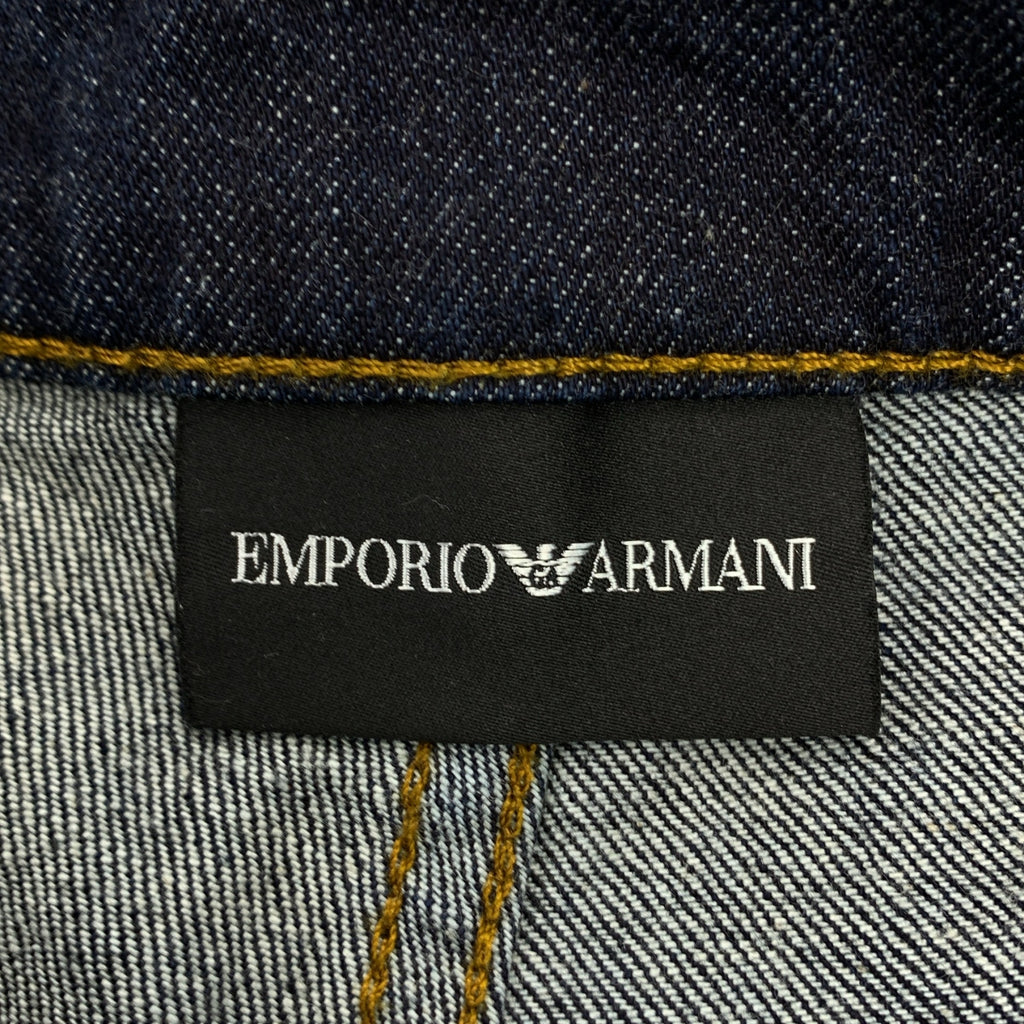 【成色極佳】EMPORIO ARMANI | 深海軍藍皮革標誌貼片牛仔捲邊寬褲 | 尺寸 27 | 靛藍色 | 女款