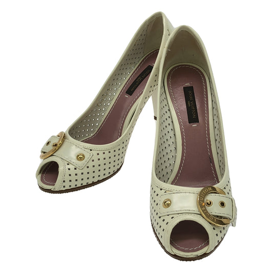 Louis Vuitton | Perforated Leather Buckle Open Toe Pumps | 35 1/2 | White | Women's