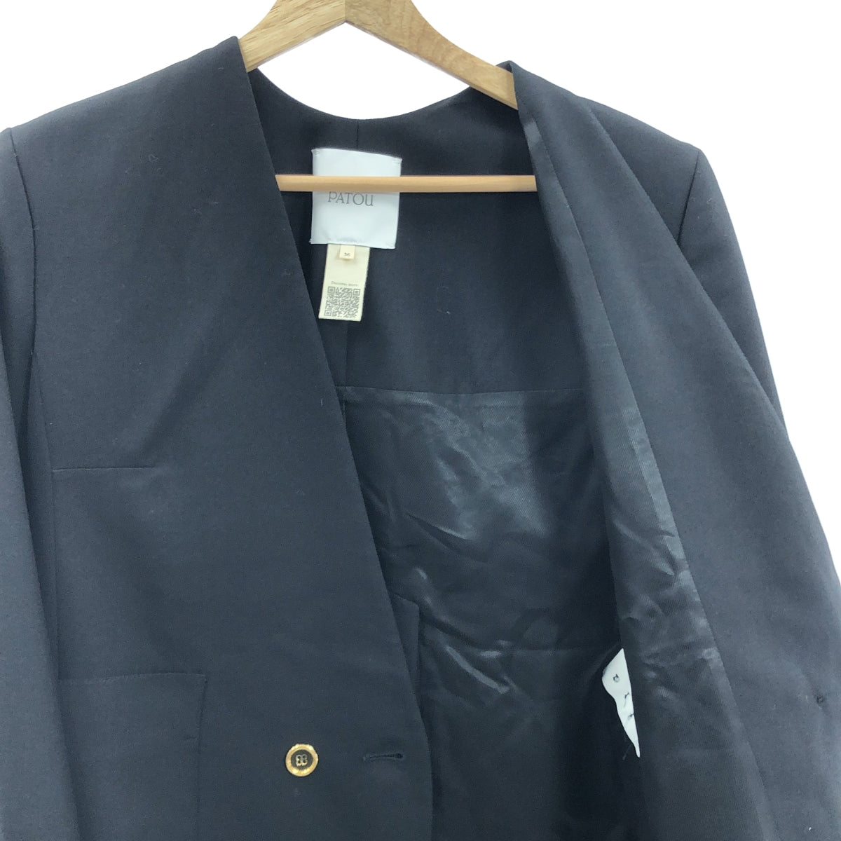 [狀況極佳] PATOU | 金色羈扣無領雙排扣外套 | 全襯裡 | 尺寸 36 | 黑色 | 女款