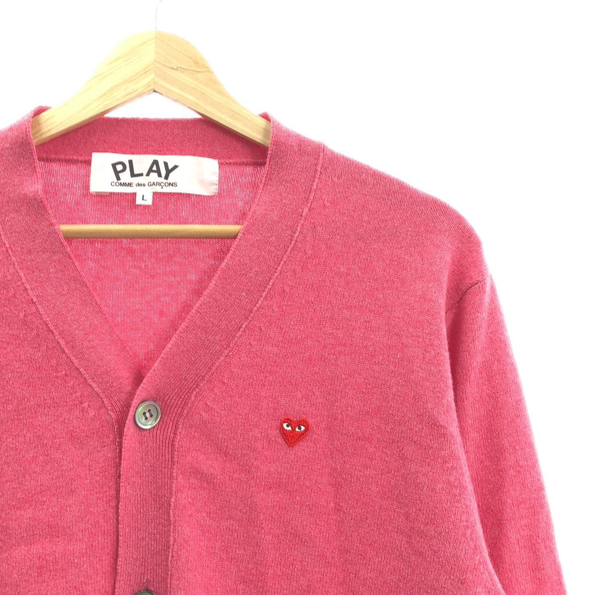 【美品】  PLAY COMME des GARCONS / プレイコムデギャルソン | 2021AW | ウール ハートワッペン オーバー ニット カーディガン | L | ピンク | メンズ