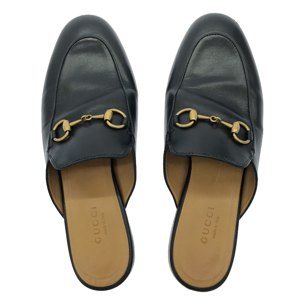 GUCCI / 구찌 | 프린스 타운 / 가죽 호스 비트 플랫 뮬 샌들 | 35 | 블랙 | 여성