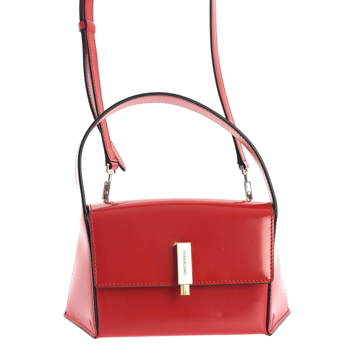 【美品】  FERRAGAMO / フェラガモ | Geometric Mini Bag / 2way ショルダー付き レザー ジオメトリック ハンドバッグ | レッド | レディース