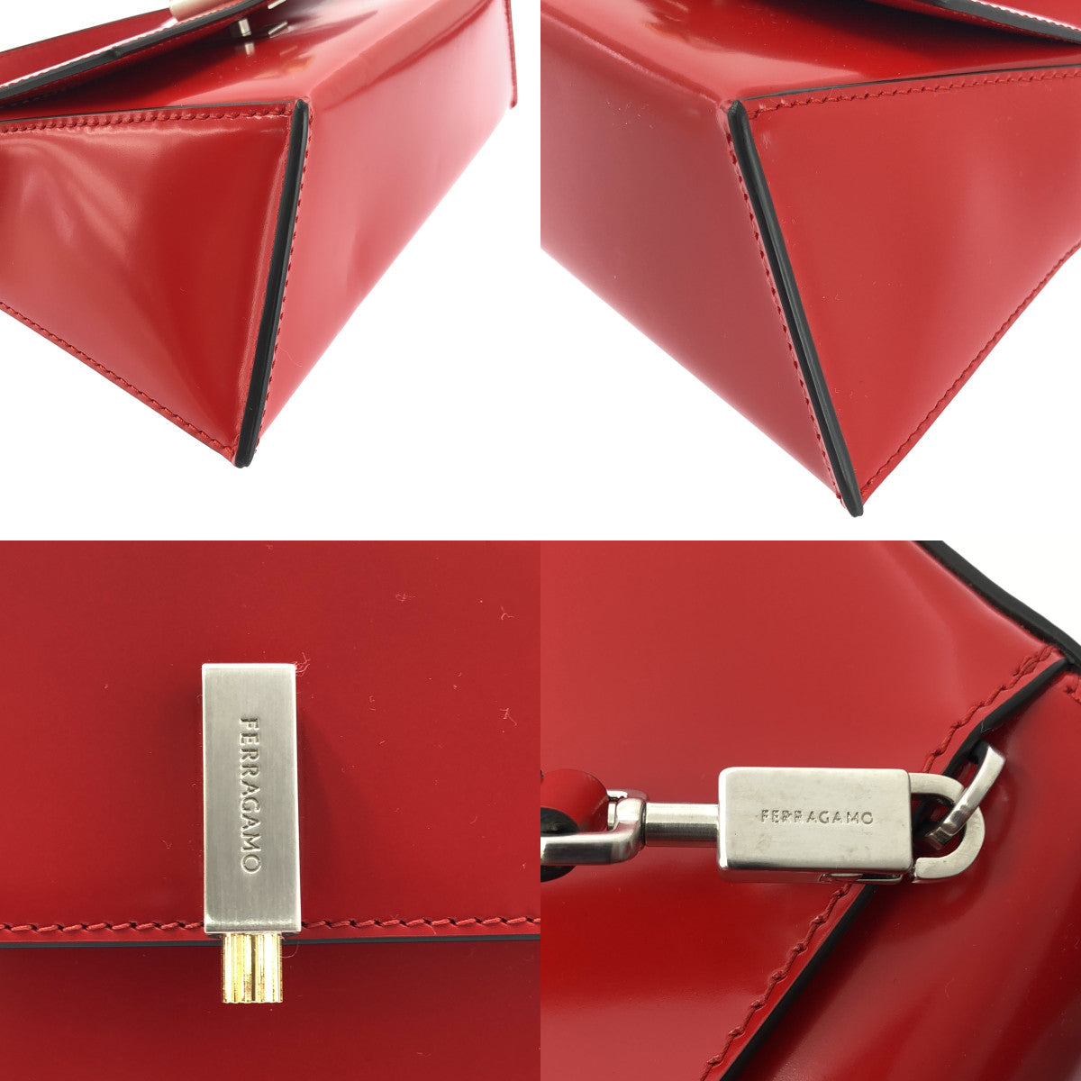 【美品】  FERRAGAMO / フェラガモ | Geometric Mini Bag / 2way ショルダー付き レザー ジオメトリック ハンドバッグ | レッド | レディース
