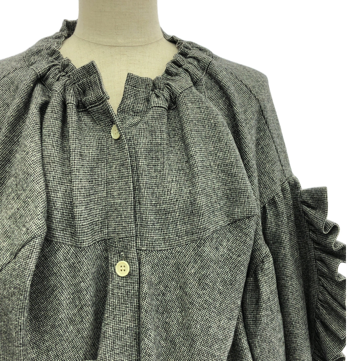 HOUGA / ホウガ | ウール混 チェック 袖フリル ボリューム ワンピース | F | ブラック/グレー | レディース