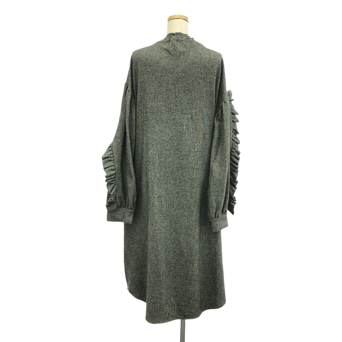 HOUGA / ホウガ | ウール混 チェック 袖フリル ボリューム ワンピース | F | ブラック/グレー | レディース