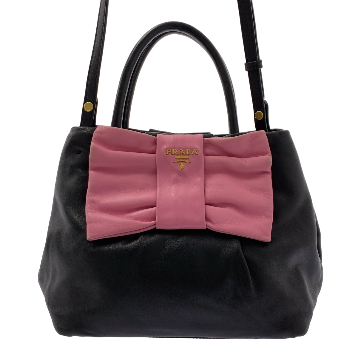 PRADA / プラダ | 2way ショルダー付き レザー バイカラー リボン ハンドバッグ |